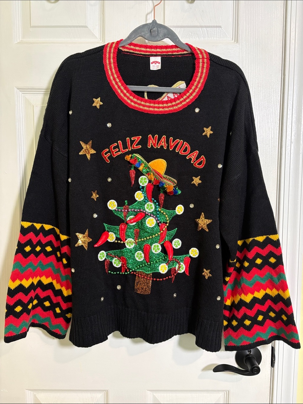 Feliz Navidad Black Embellished Holiday Ugly Sweater Unisex XXL